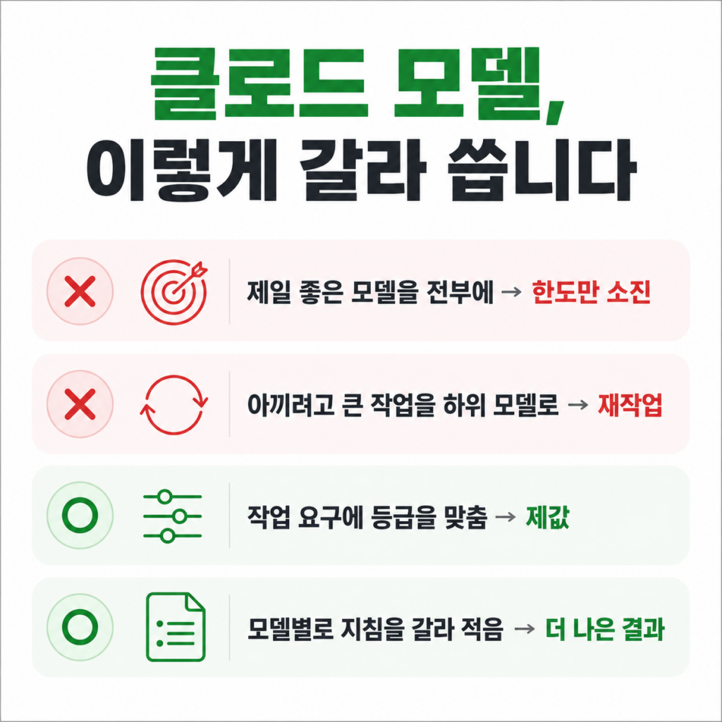 클로드 모델 비교 요약 카드 — 제일 좋은 모델을 전부에 쓰면 한도만 소진되고, 아끼려고 하위 모델로 내리면 재작업이 생긴다